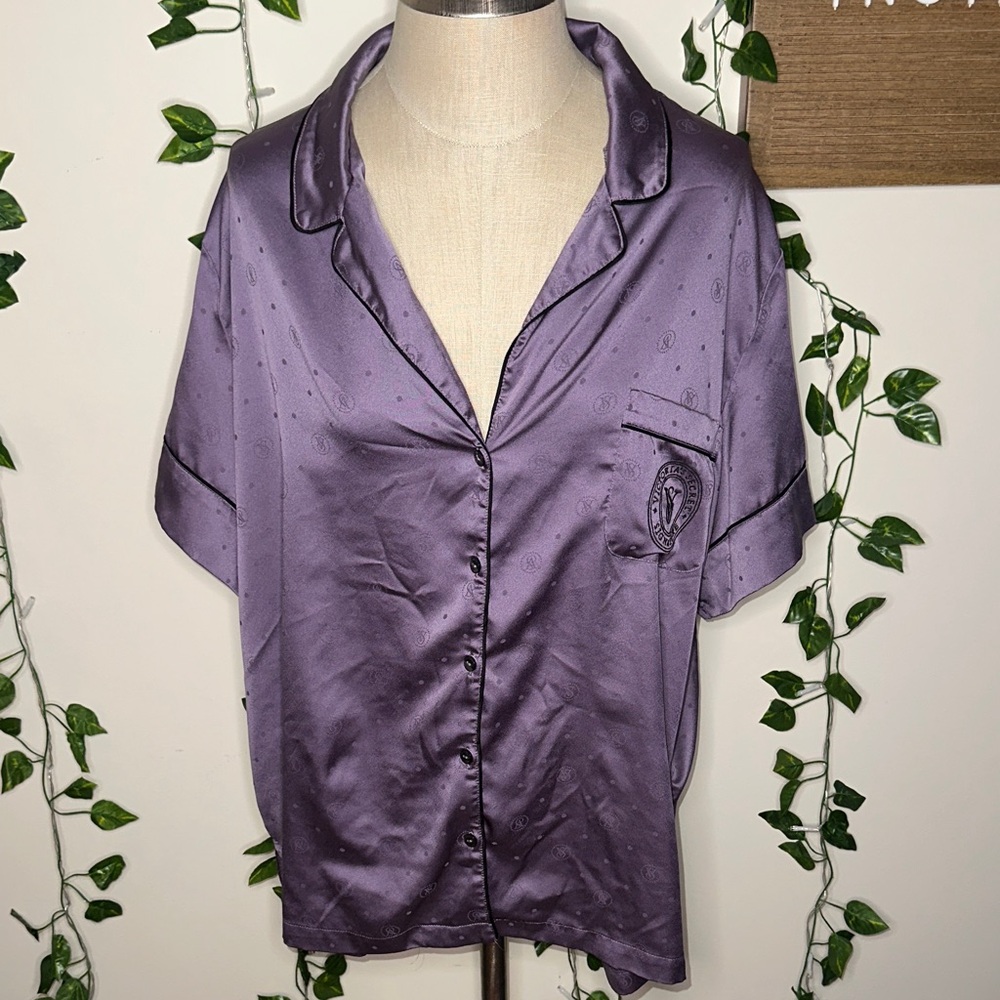 Victoria’s Secret Silky Style Button Up Pajama Shirt Purple Polka Dot - Picture 2 of 6
